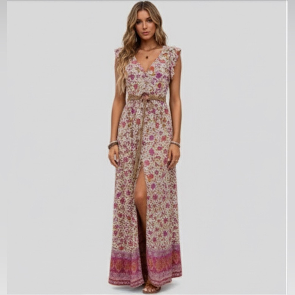 LAST ONE 🔥 Boho Ruffle Hem Slit Thigh Maxi Dress